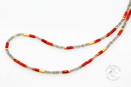 Halsschmuck, 925 Silber (vergoldet) Koralle, Labradorith