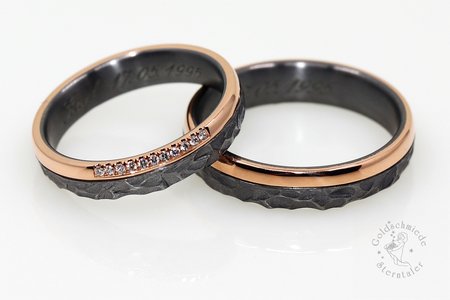 Trauringe in 999 Tantal und 585 Rotgold mit Brillanten