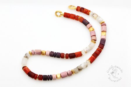 Halsschmuck, 925 Silber (teilvergoldet) Rhodonit, Pink-Opal, Dendritenachat, Schaumkoralle