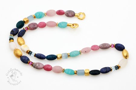 Halsschmuck, 925 Silber (vergoldet) Rhodonit, Amazonit, Aquamarin, Apathit, Dendritenachat