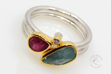 Ring, 925 Silber, 750 Gold Aquamarin, Turmalin, Brillant